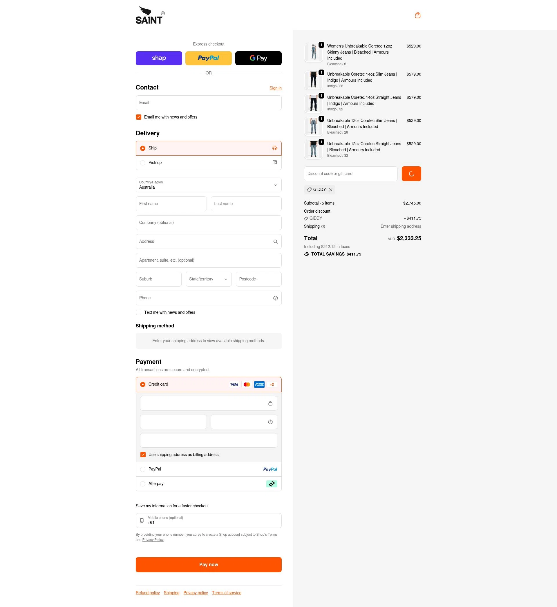 Saint C.C. checkout page showing Saint C.C. promo code box | Screenshot taken by SimplyCodes community member on Feb 8, 2026