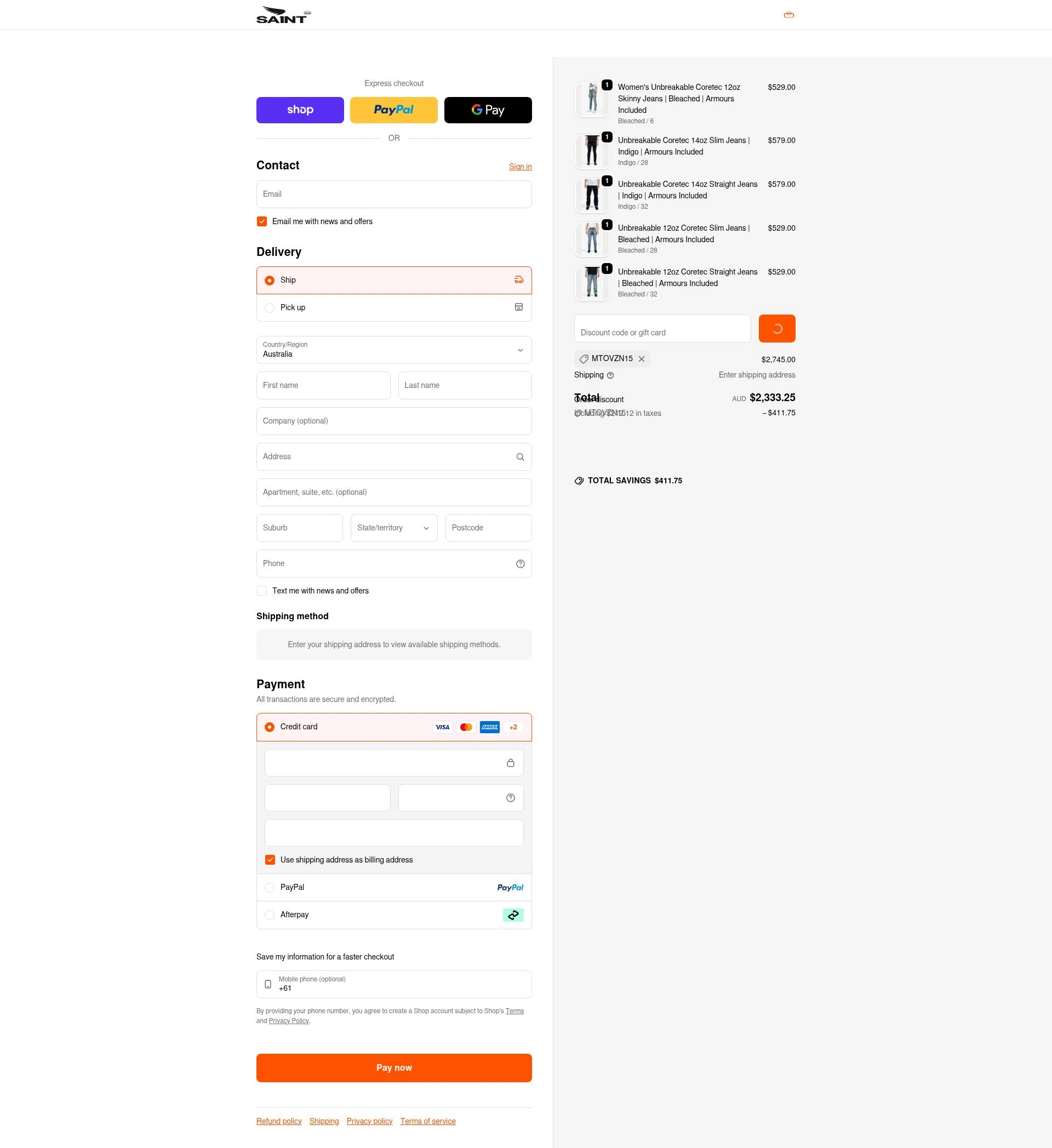 Saint C.C. checkout page showing Saint C.C. promo code box | Screenshot taken by SimplyCodes community member on Feb 8, 2026