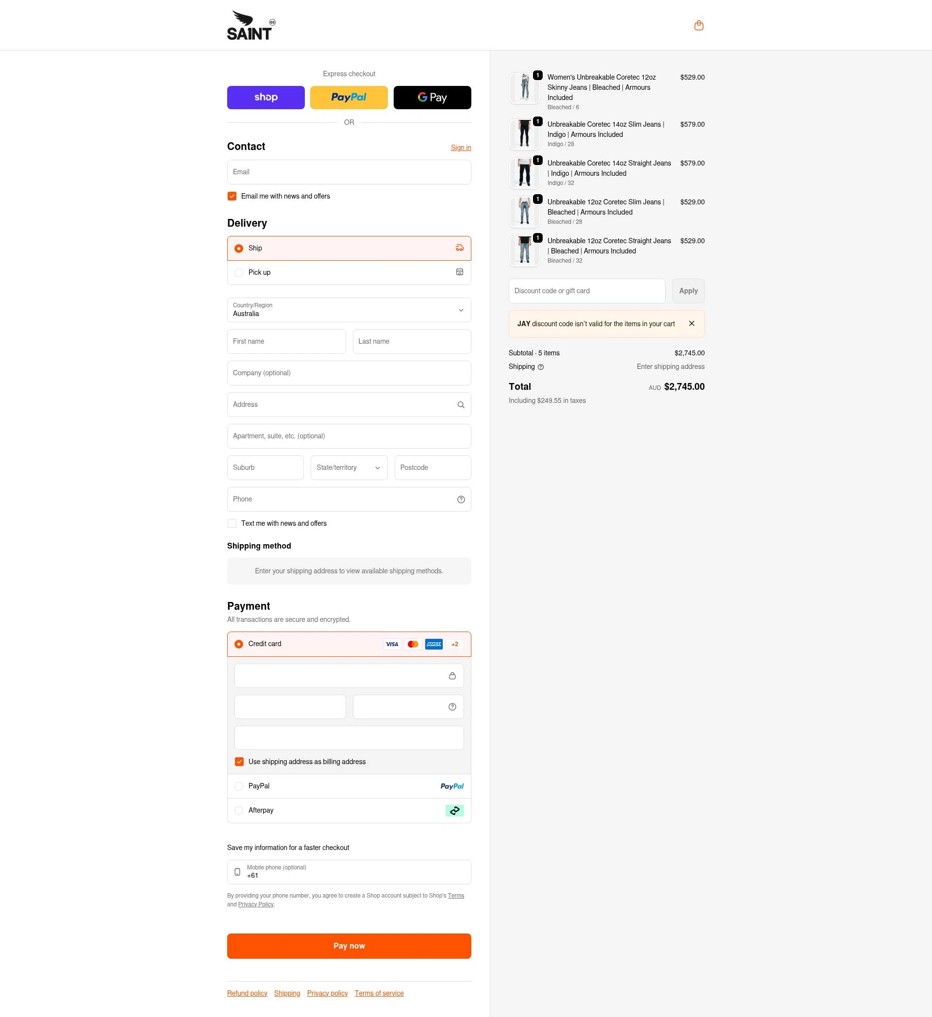 Saint C.C. checkout page showing Saint C.C. promo code box | Screenshot taken by SimplyCodes community member on Feb 8, 2026