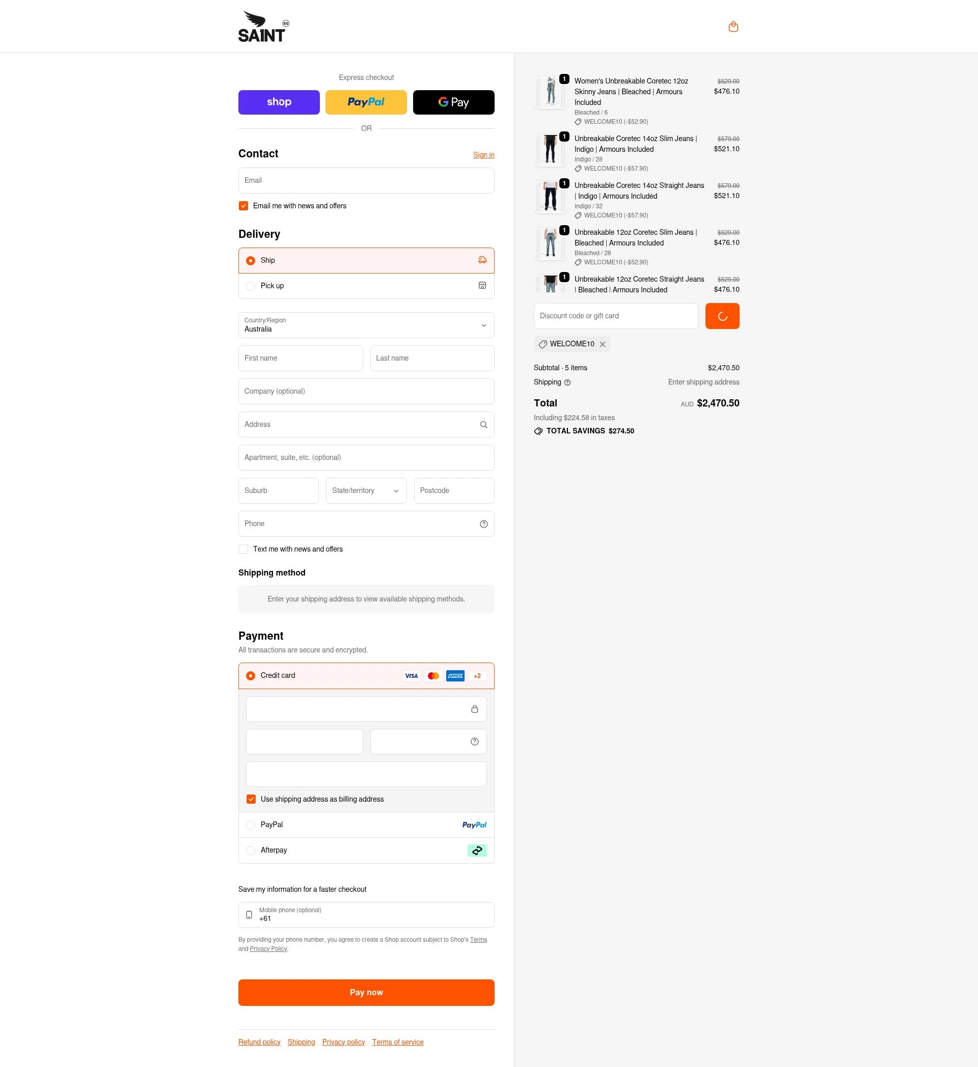 Saint C.C. checkout page showing Saint C.C. promo code box | Screenshot taken by SimplyCodes community member on Feb 8, 2026