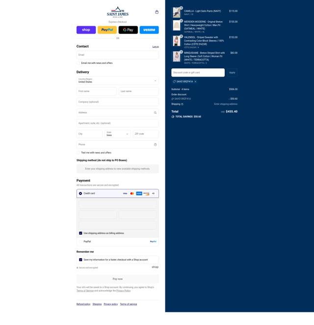 Saint James checkout page showing Saint James promo code box | Screenshot taken by SimplyCodes community member on Aug 30, 2025