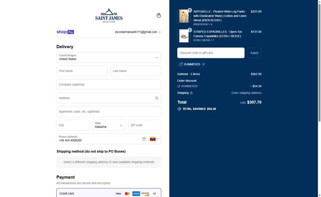 Saint James checkout page showing Saint James promo code box | Screenshot taken by SimplyCodes community member on Aug 27, 2025