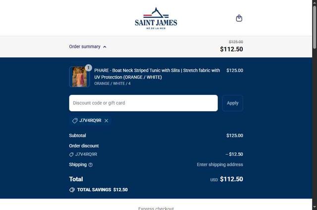 Saint James checkout page showing Saint James promo code box | Screenshot taken by SimplyCodes community member on Aug 31, 2025
