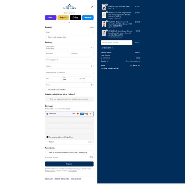 Saint James checkout page showing Saint James promo code box | Screenshot taken by SimplyCodes community member on Sep 7, 2025