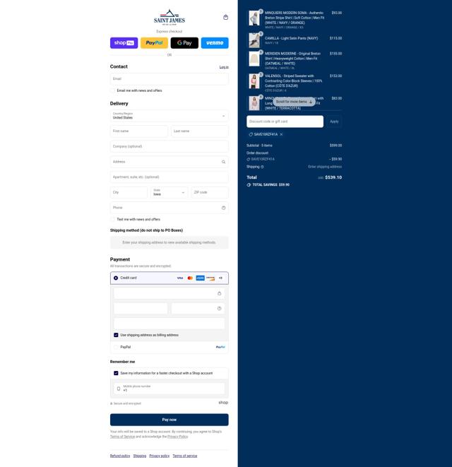 Saint James checkout page showing Saint James promo code box | Screenshot taken by SimplyCodes community member on Aug 26, 2025
