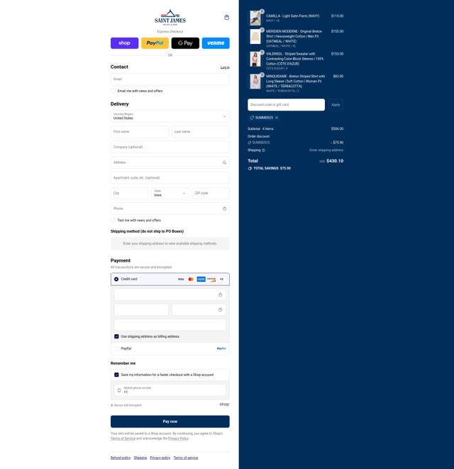 Saint James checkout page showing Saint James promo code box | Screenshot taken by SimplyCodes community member on Aug 29, 2025
