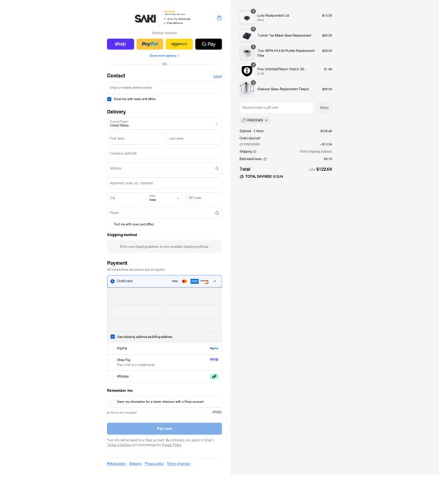 Saki checkout page showing Saki discount code box | Screenshot taken by SimplyCodes community member on Aug 30, 2025
