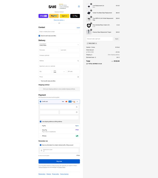 Saki checkout page showing Saki discount code box | Screenshot taken by SimplyCodes community member on Aug 26, 2025