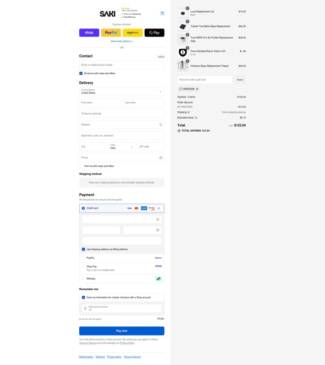 Saki checkout page showing Saki discount code box | Screenshot taken by SimplyCodes community member on Sep 3, 2025