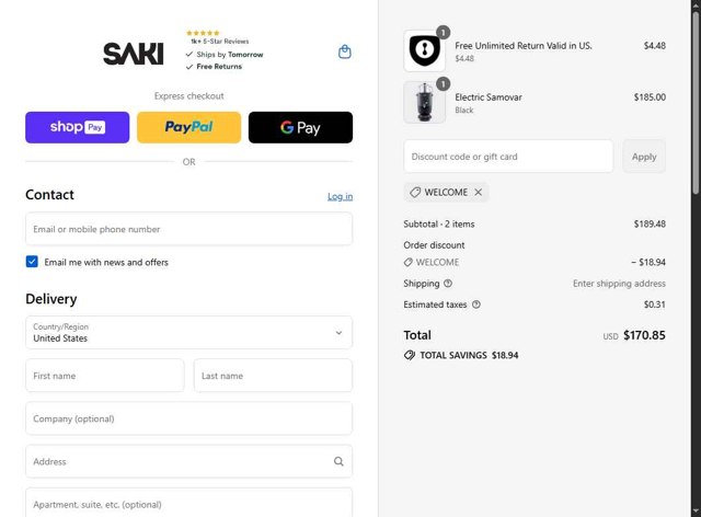 Saki checkout page showing Saki discount code box | Screenshot taken by SimplyCodes community member on Aug 22, 2025