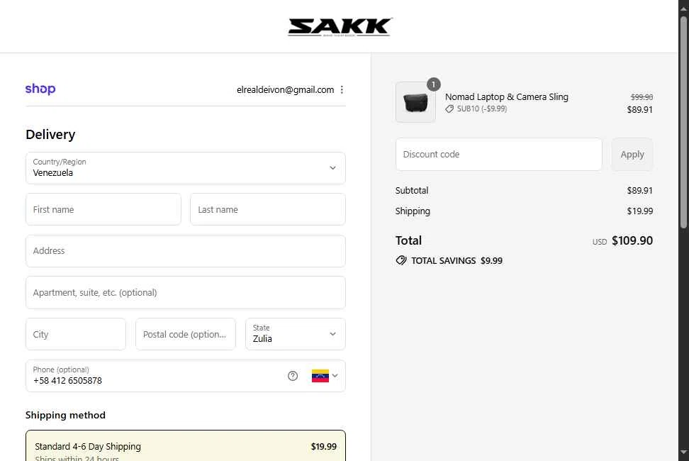 SAKK Camera checkout page showing SAKK Camera promo code box | Screenshot taken by SimplyCodes community member on Aug 30, 2025