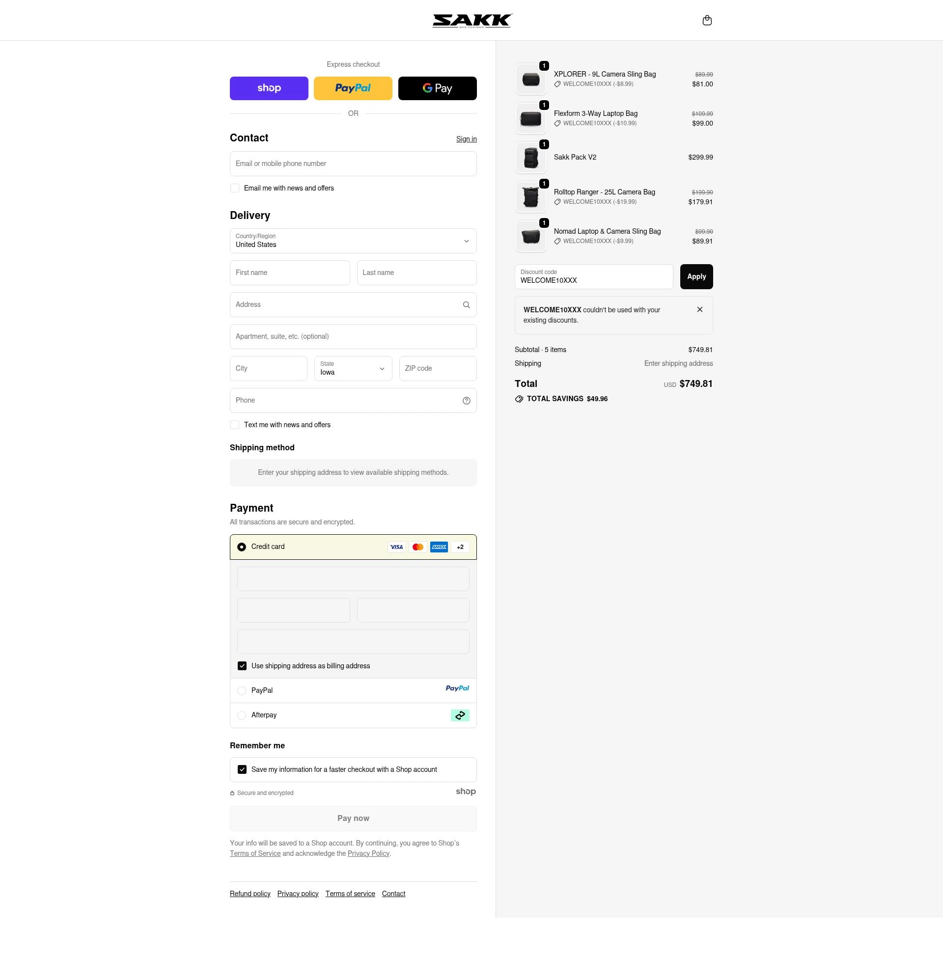 SAKK Camera checkout page showing SAKK Camera promo code box | Screenshot taken by SimplyCodes community member on Oct 26, 2025