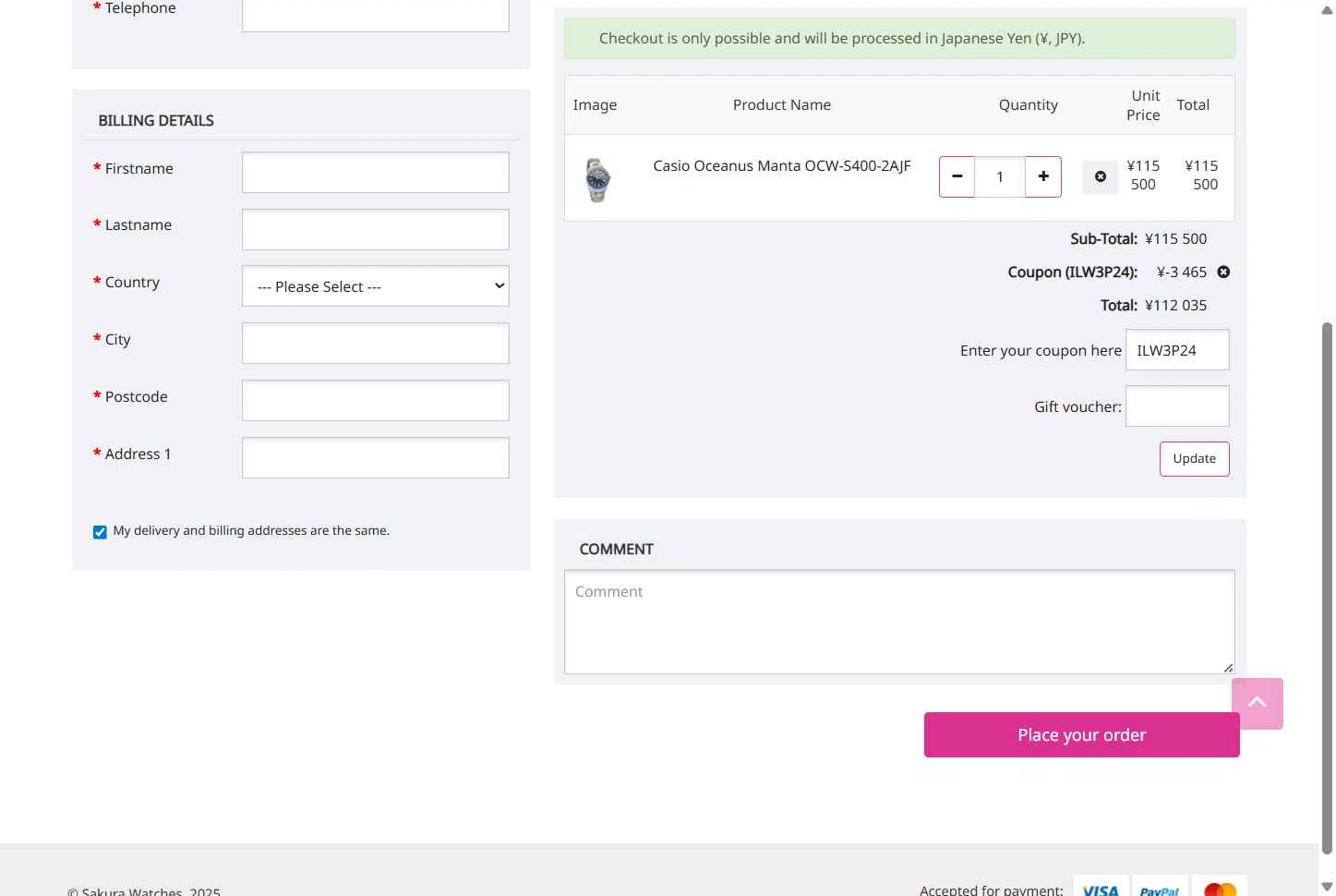 Sakura Watches checkout page showing Sakura Watches coupon code box | Screenshot taken by SimplyCodes community member on Sep 25, 2025