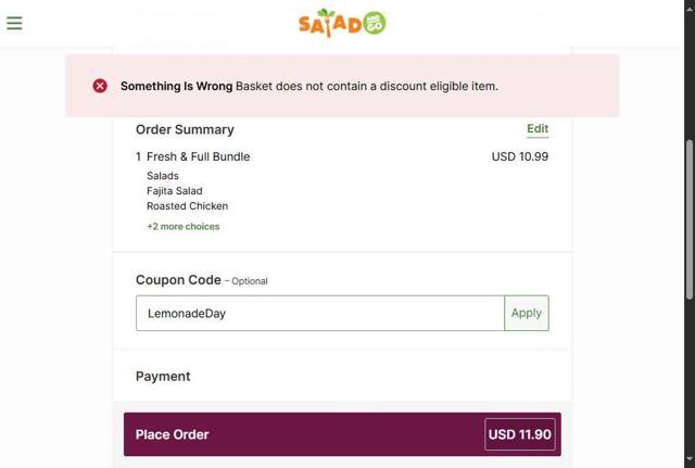 Salad and Go checkout page showing Salad and Go coupon code box | Screenshot taken by SimplyCodes community member on Aug 21, 2025