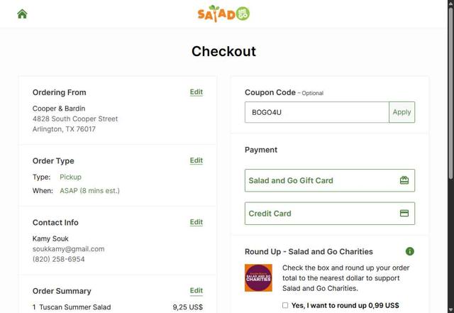 Salad and Go checkout page showing Salad and Go coupon code box | Screenshot taken by SimplyCodes community member on Jul 30, 2025