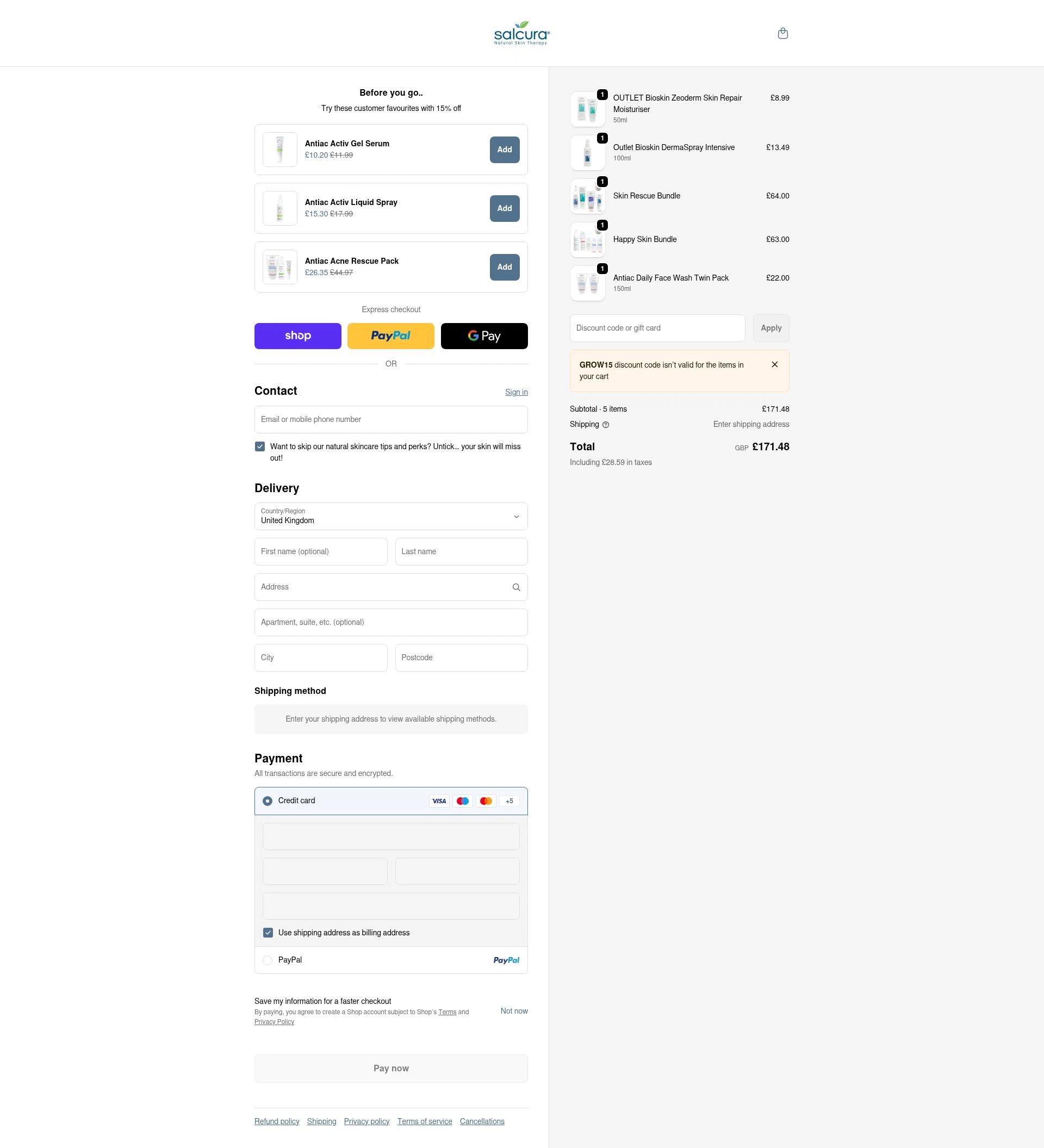 Salcura Skincare checkout page showing Salcura Skincare promo code box | Screenshot taken by SimplyCodes community member on Feb 18, 2026