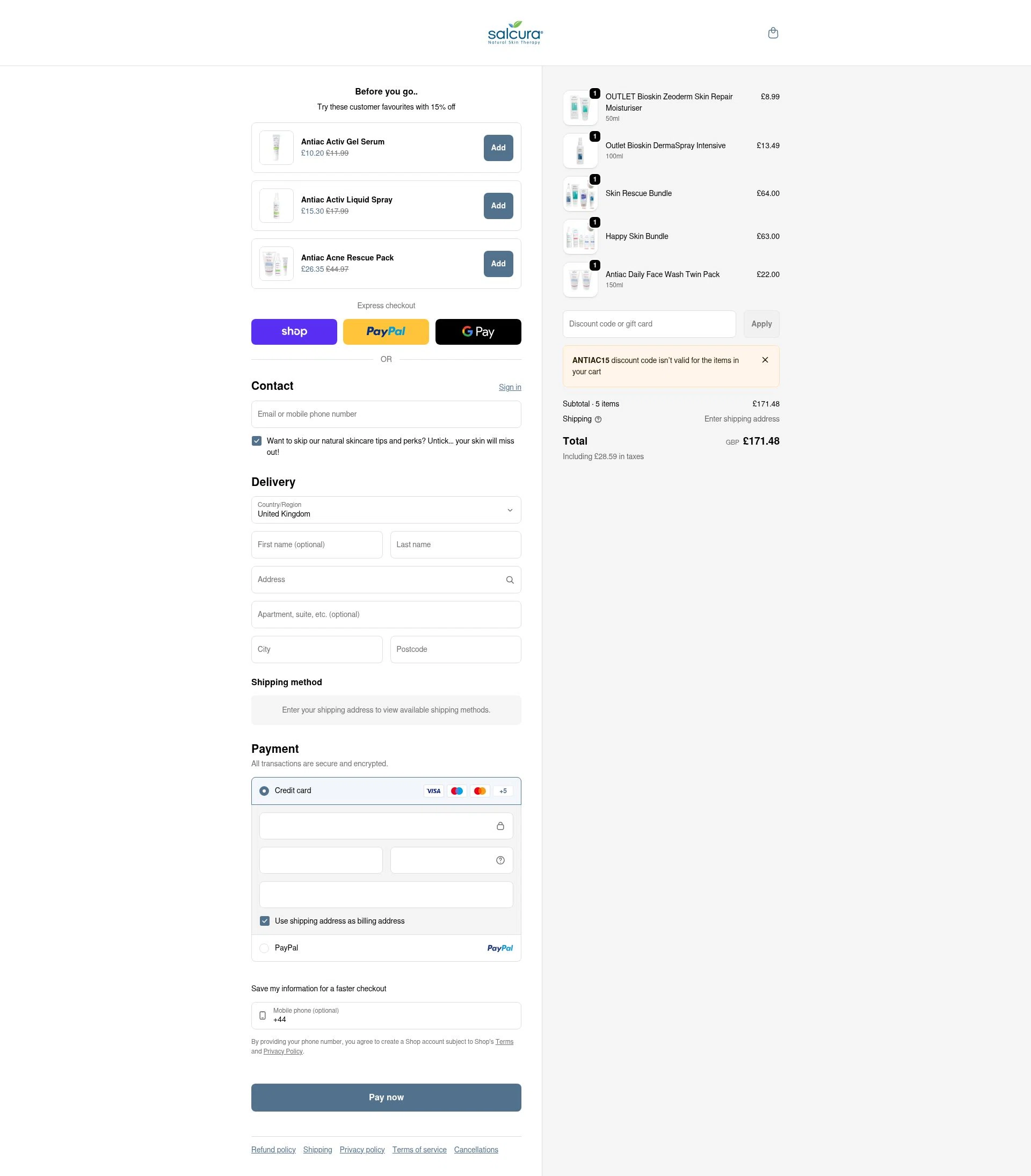 Salcura Skincare checkout page showing Salcura Skincare promo code box | Screenshot taken by SimplyCodes community member on Feb 18, 2026