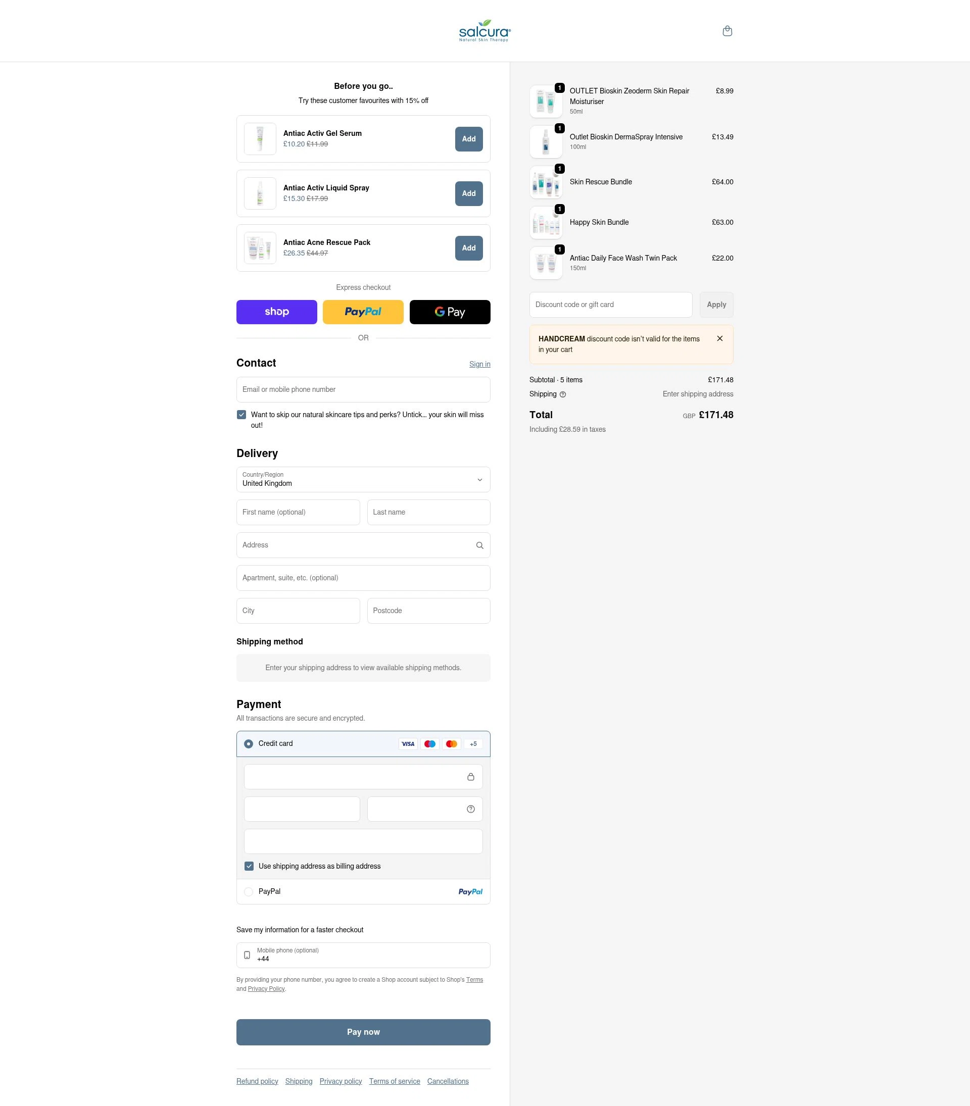 Salcura Skincare checkout page showing Salcura Skincare promo code box | Screenshot taken by SimplyCodes community member on Feb 18, 2026