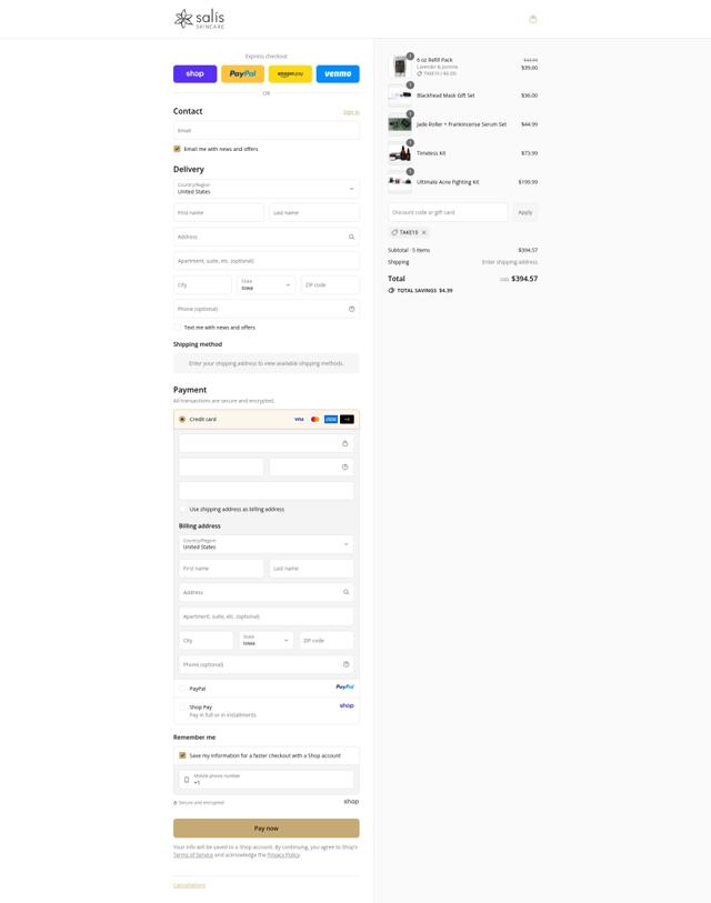 Salis Skincare checkout page showing Salis Skincare discount code box | Screenshot taken by SimplyCodes community member on Sep 16, 2025
