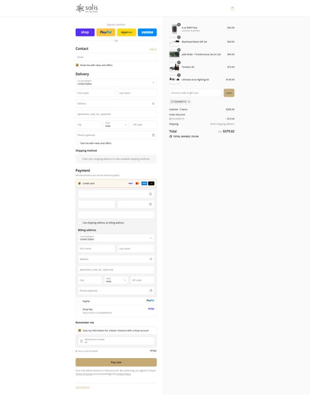 Salis Skincare checkout page showing Salis Skincare discount code box | Screenshot taken by SimplyCodes community member on Sep 11, 2025