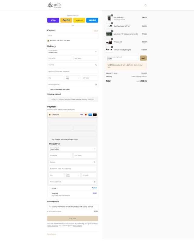 Salis Skincare checkout page showing Salis Skincare discount code box | Screenshot taken by SimplyCodes community member on Sep 16, 2025