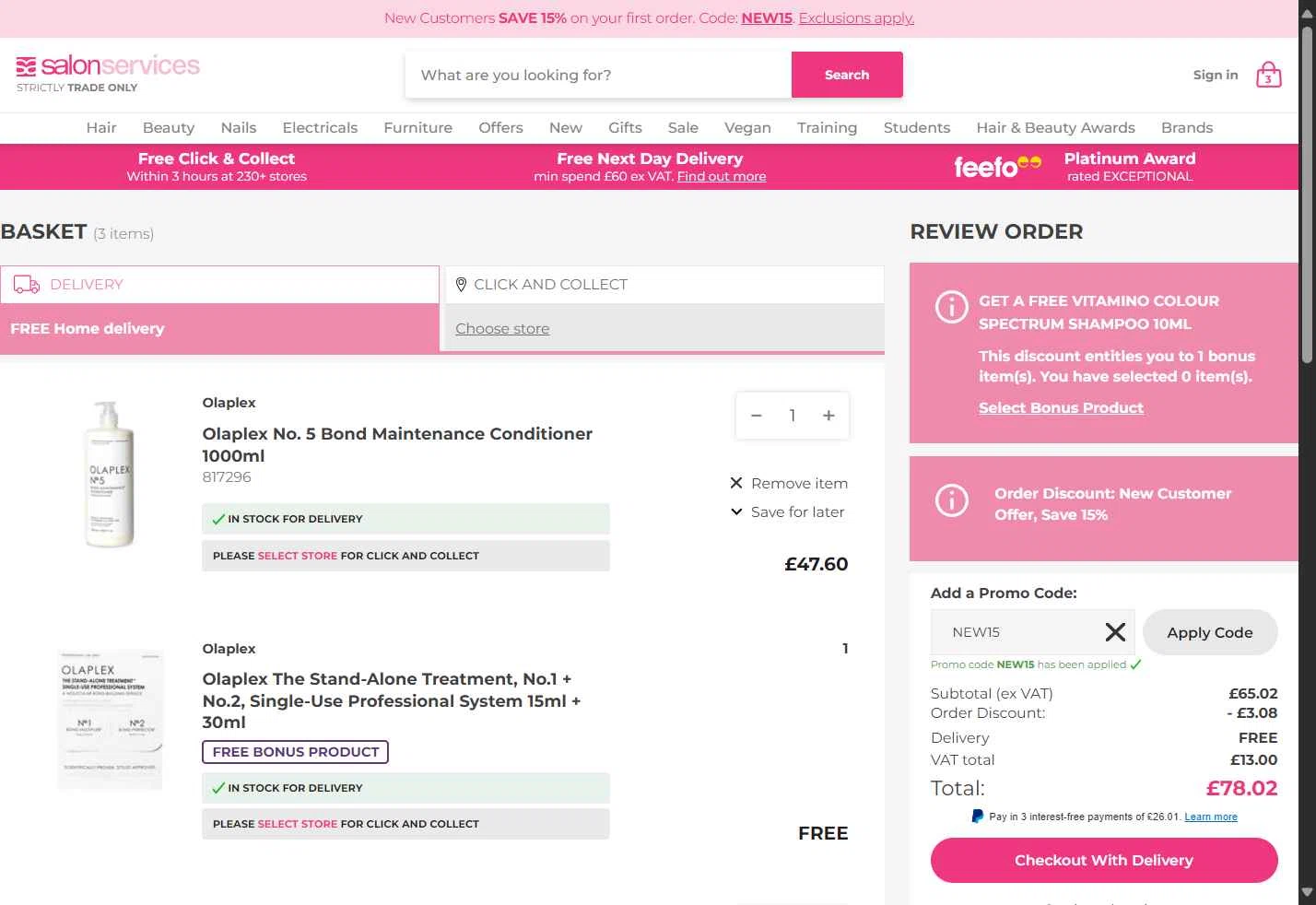 Salon Services checkout page showing Salon Services promo code box | Screenshot taken by SimplyCodes community member on Oct 16, 2025