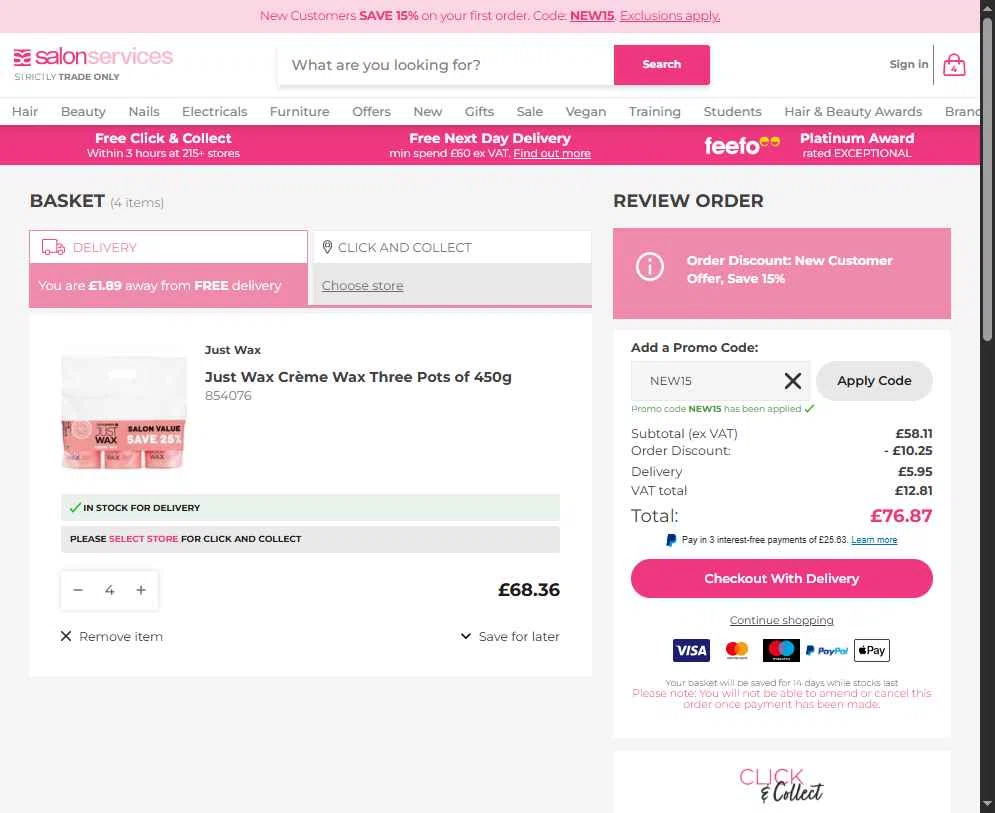 Salon Services checkout page showing Salon Services promo code box | Screenshot taken by SimplyCodes community member on Feb 8, 2026