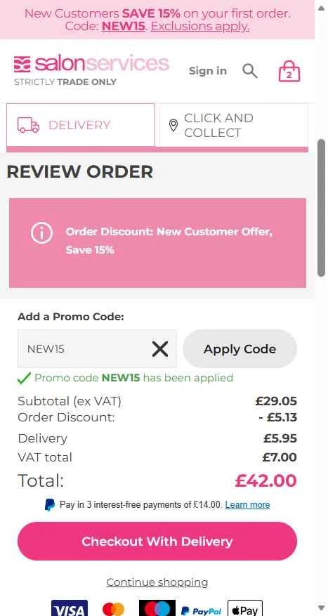 Salon Services checkout page showing Salon Services promo code box | Screenshot taken by SimplyCodes community member on Nov 17, 2025