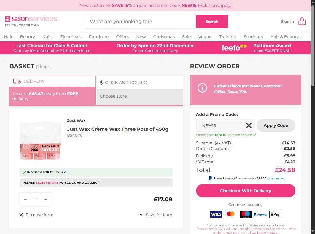Salon Services checkout page showing Salon Services promo code box | Screenshot taken by SimplyCodes community member on Dec 16, 2025