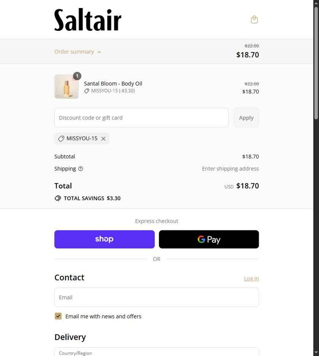Saltair checkout page showing Saltair discount code box | Screenshot taken by SimplyCodes community member on Sep 5, 2025