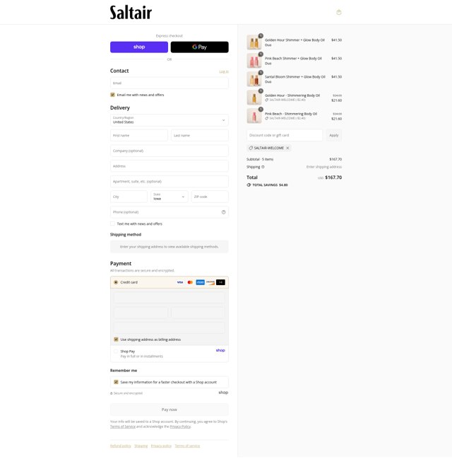 Saltair checkout page showing Saltair discount code box | Screenshot taken by SimplyCodes community member on Sep 8, 2025