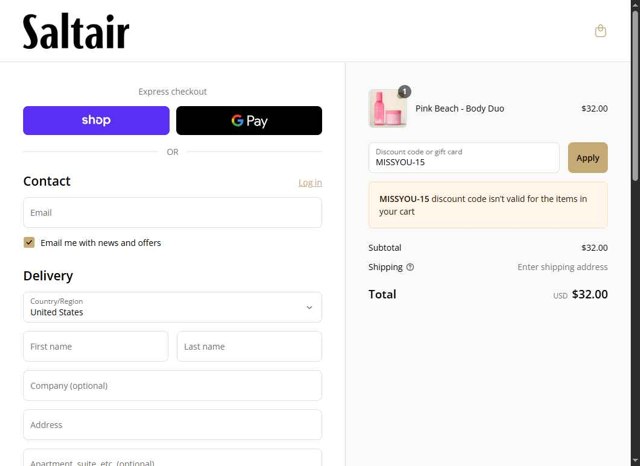 Saltair checkout page showing Saltair discount code box | Screenshot taken by SimplyCodes community member on Sep 1, 2025