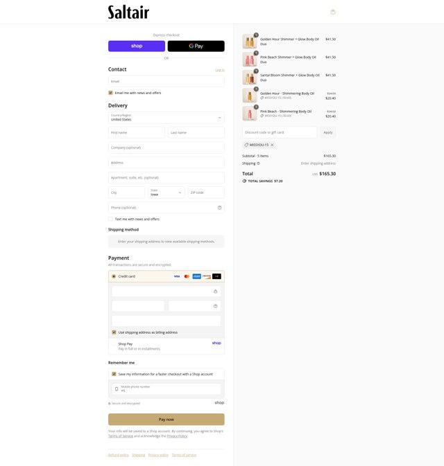 Saltair checkout page showing Saltair discount code box | Screenshot taken by SimplyCodes community member on Sep 8, 2025