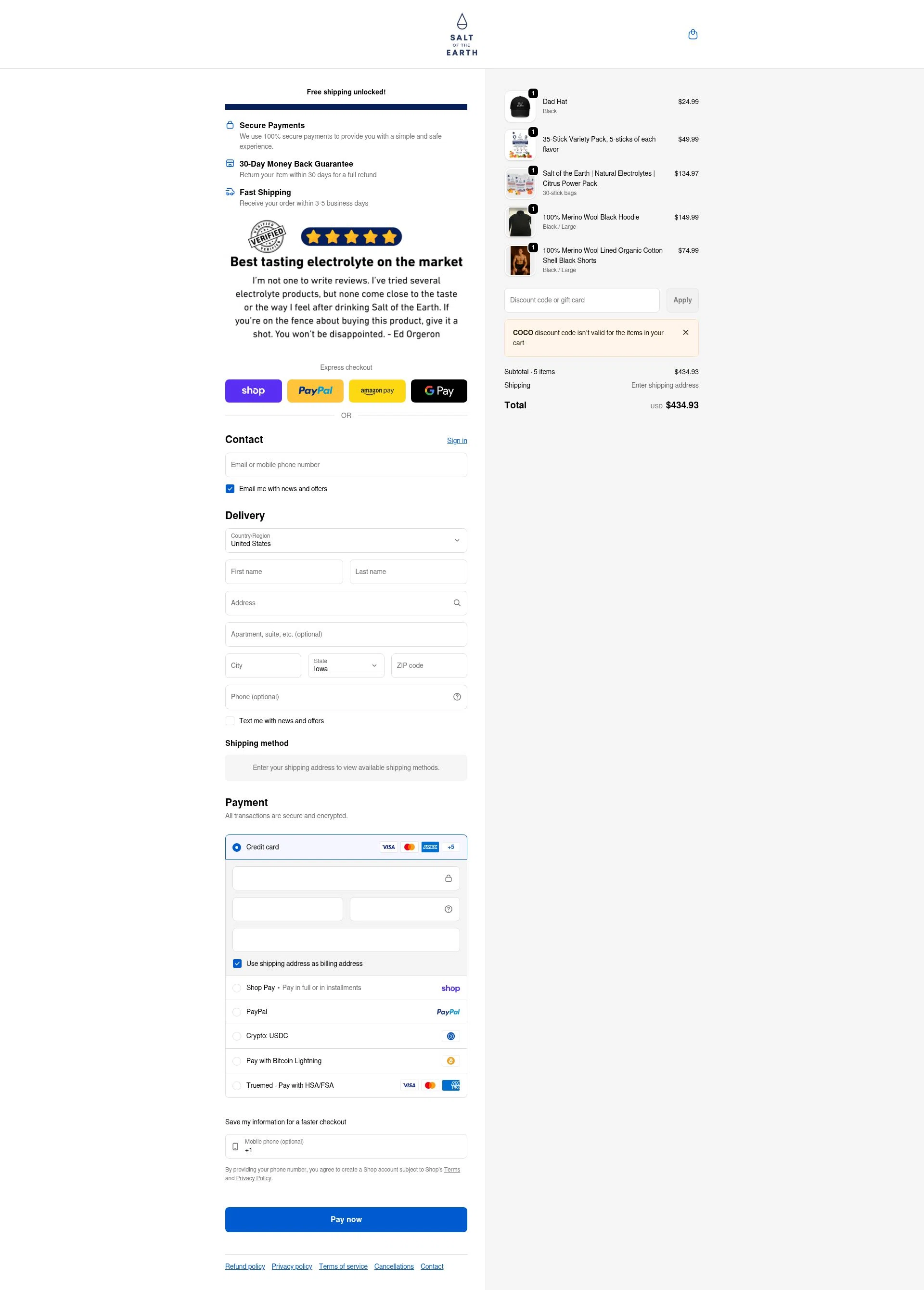 Salt of the Earth Drink checkout page showing Salt of the Earth Drink promo code box | Screenshot taken by SimplyCodes community member on Feb 4, 2026