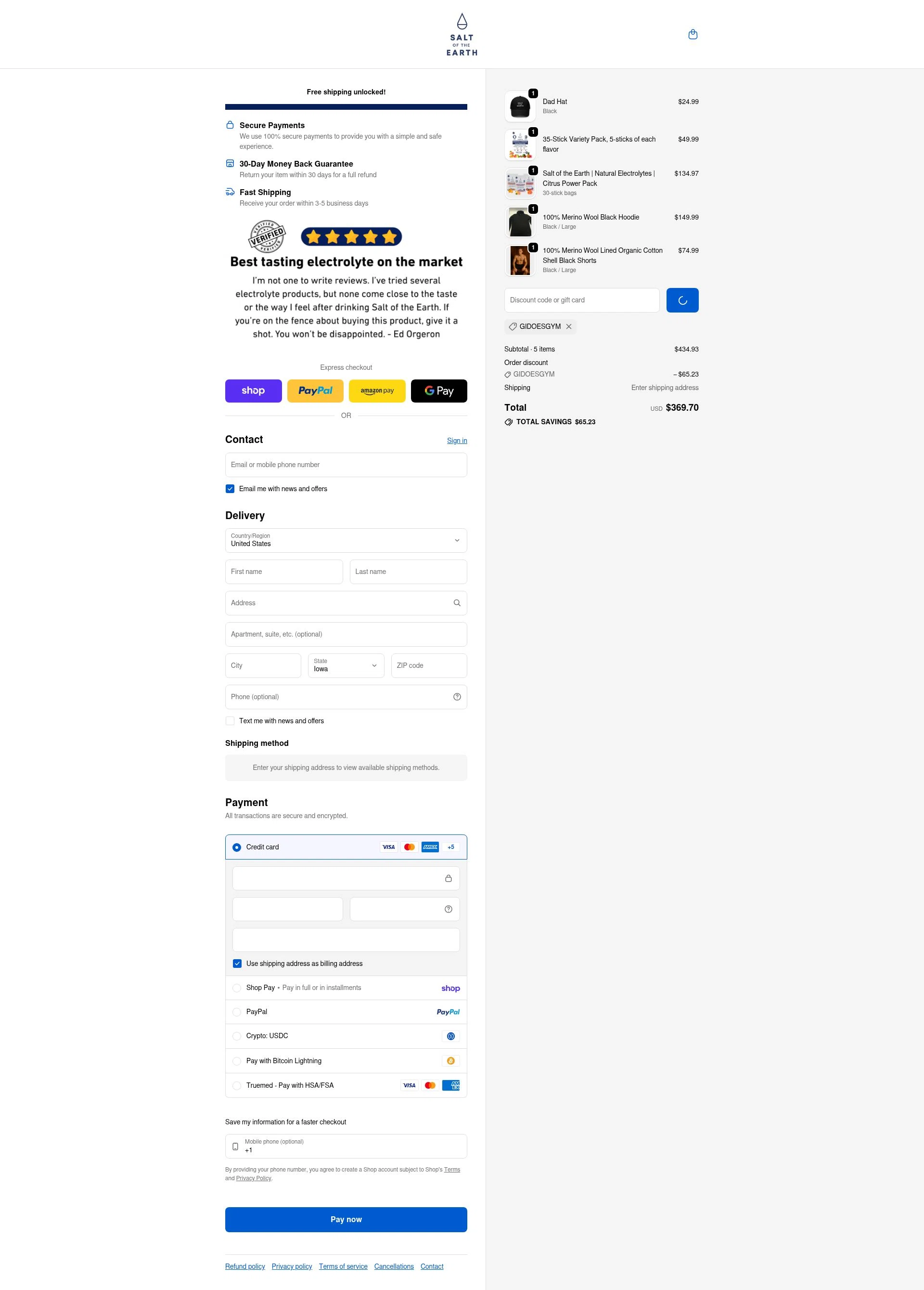 Salt of the Earth Drink checkout page showing Salt of the Earth Drink promo code box | Screenshot taken by SimplyCodes community member on Feb 4, 2026