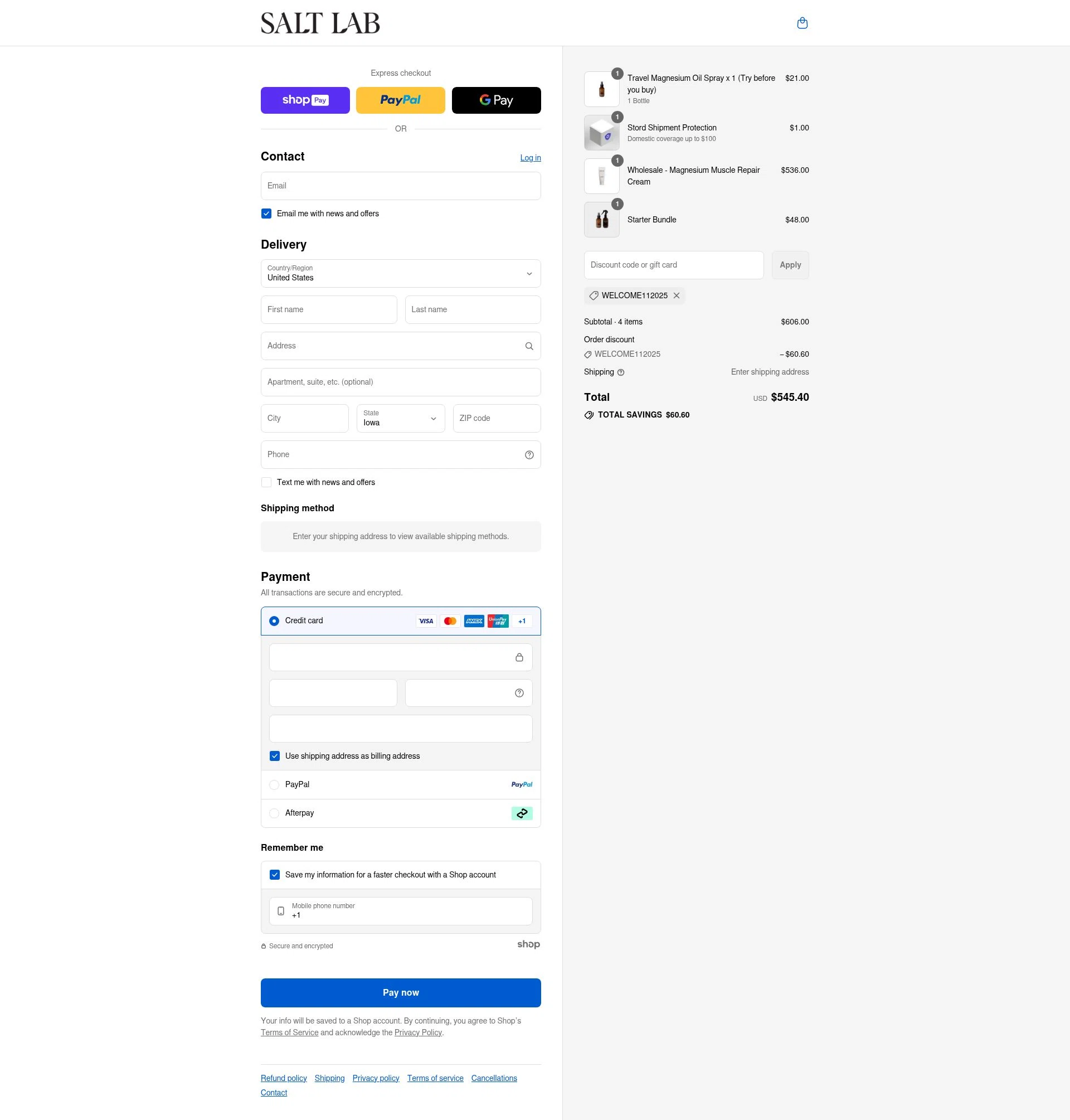 Salt Laboratory checkout page showing Salt Laboratory discount code box | Screenshot taken by SimplyCodes community member on Aug 23, 2025