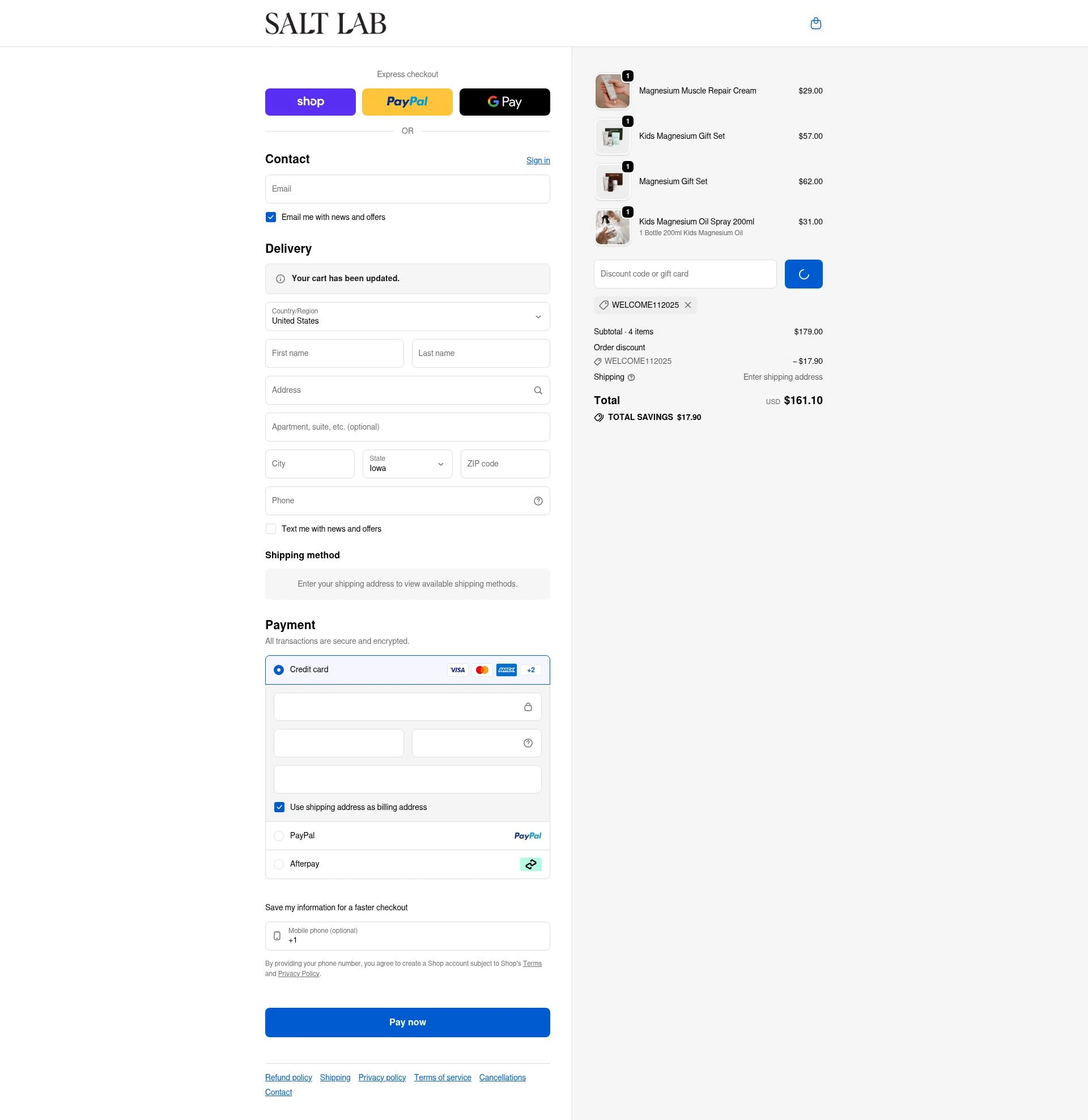 Salt Laboratory checkout page showing Salt Laboratory discount code box | Screenshot taken by SimplyCodes community member on Feb 5, 2026