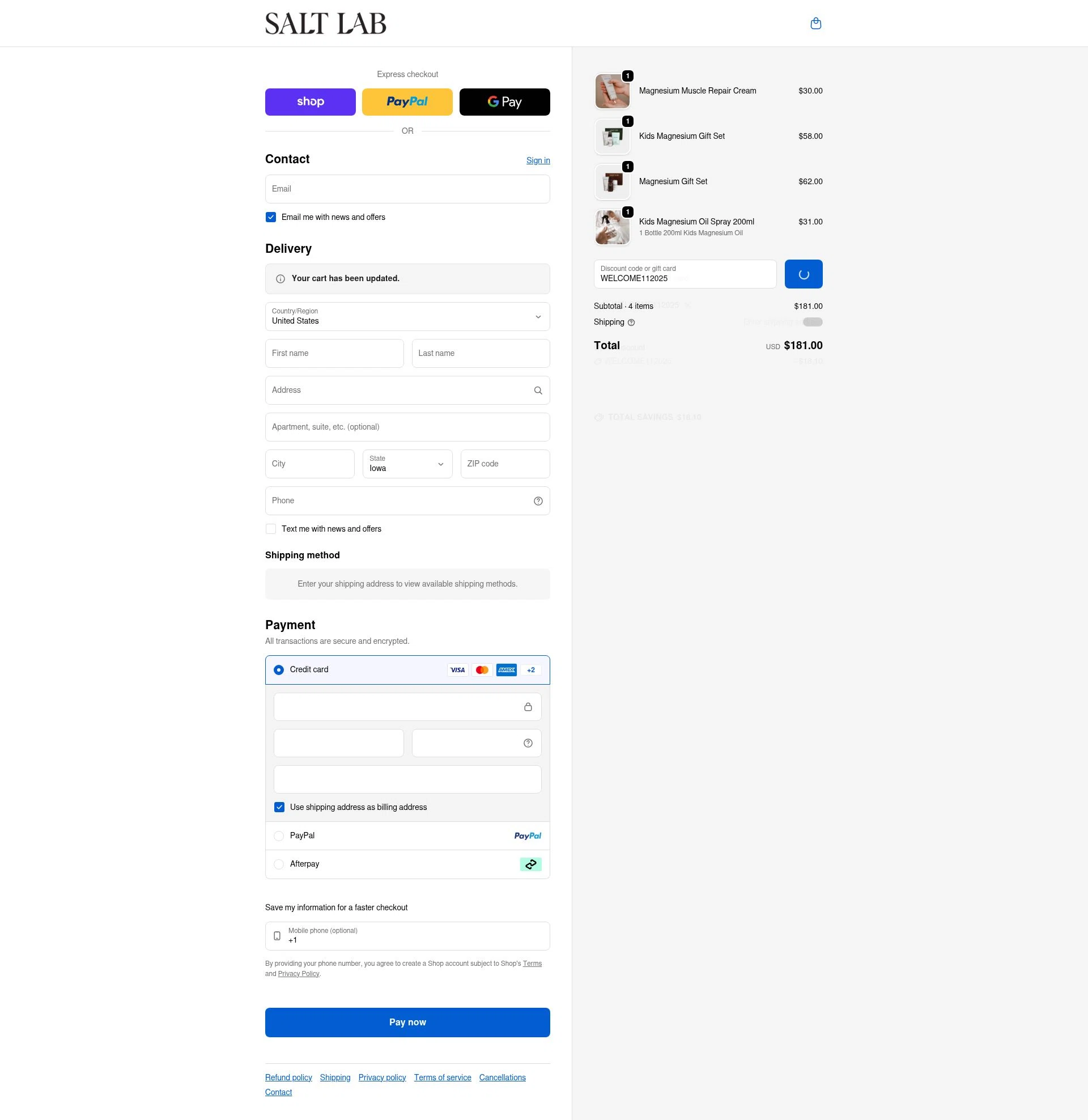 Salt Laboratory checkout page showing Salt Laboratory discount code box | Screenshot taken by SimplyCodes community member on Feb 9, 2026