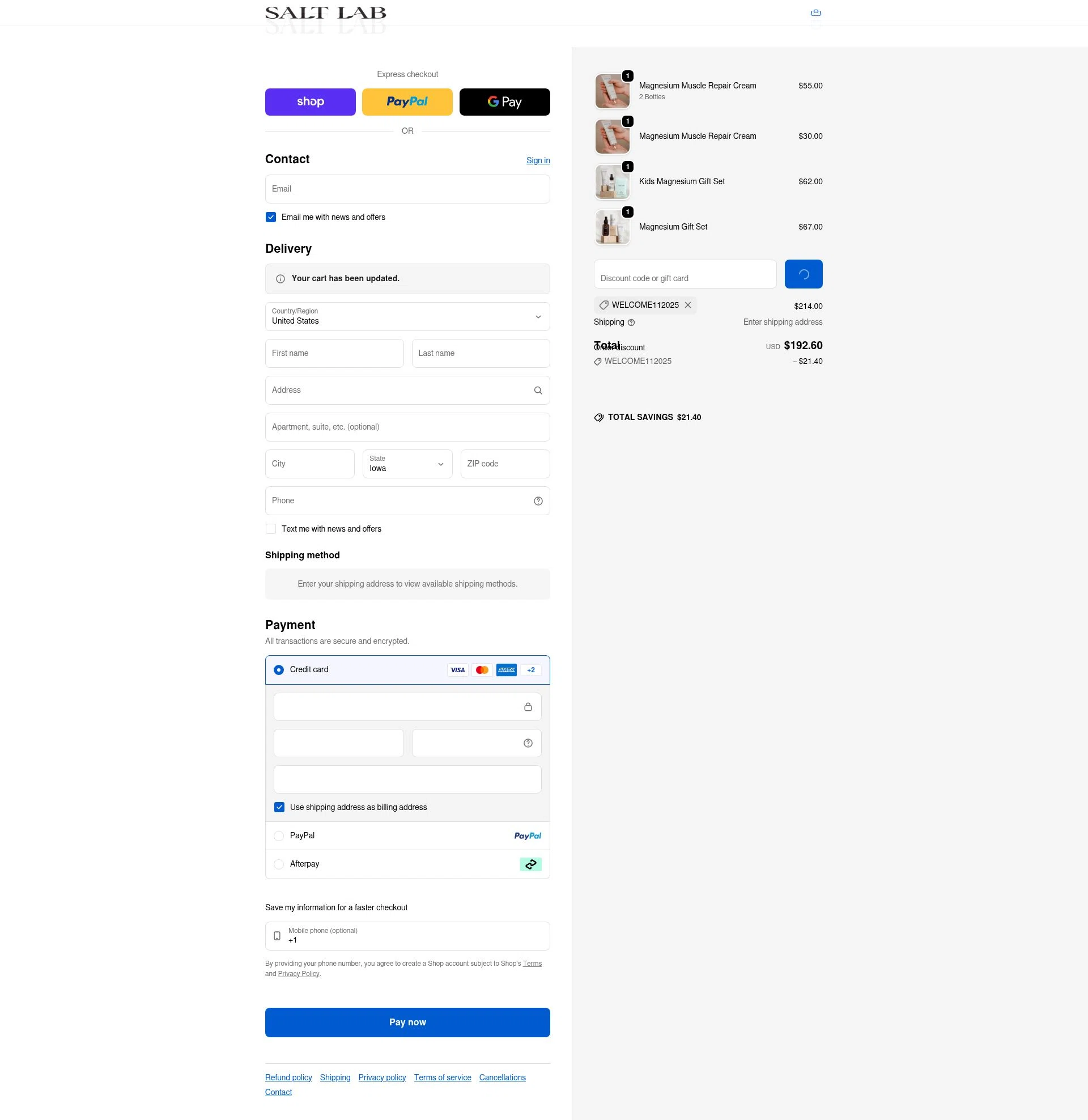 Salt Laboratory checkout page showing Salt Laboratory discount code box | Screenshot taken by SimplyCodes community member on Feb 18, 2026