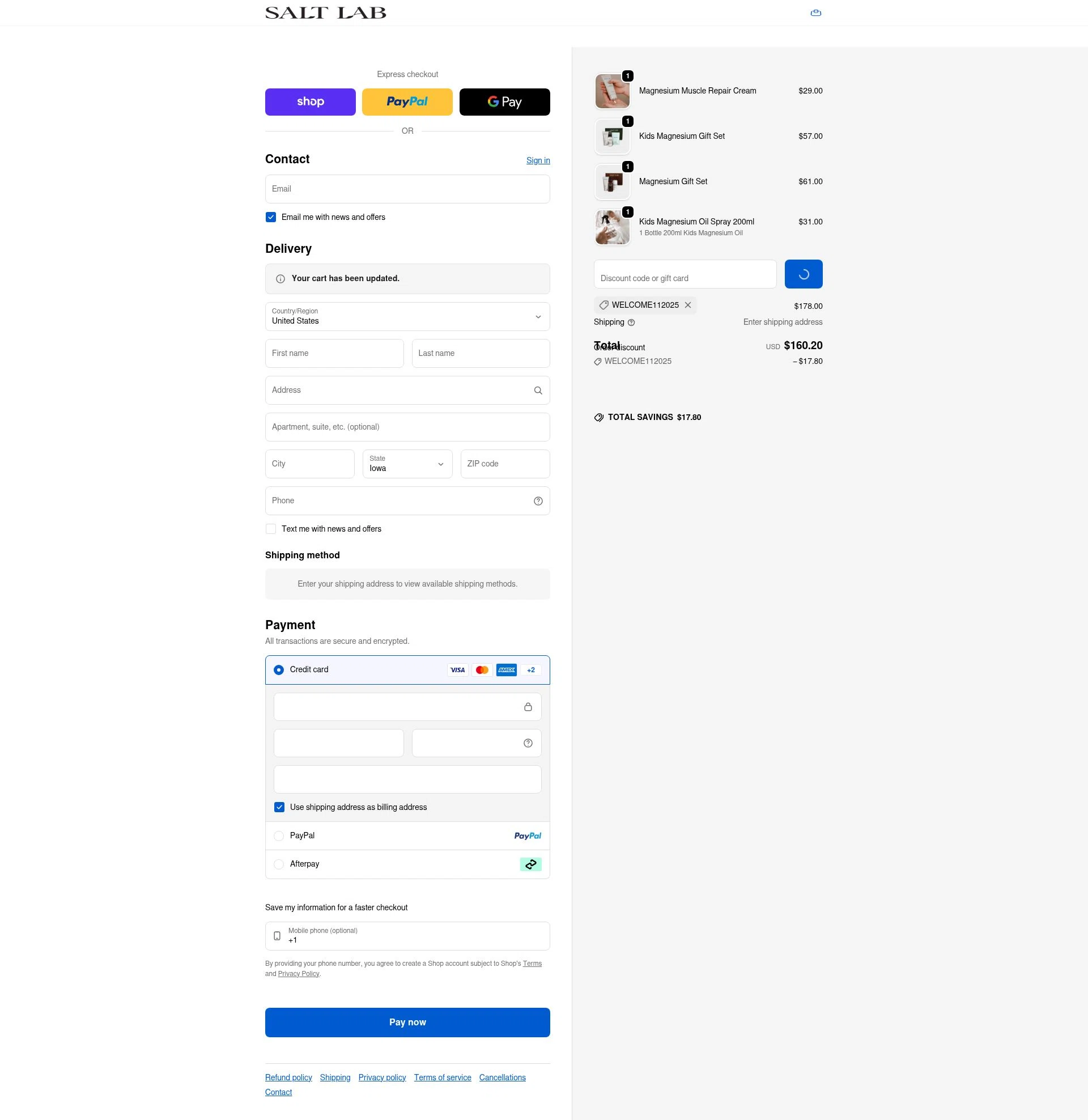 Salt Laboratory checkout page showing Salt Laboratory discount code box | Screenshot taken by SimplyCodes community member on Jan 31, 2026