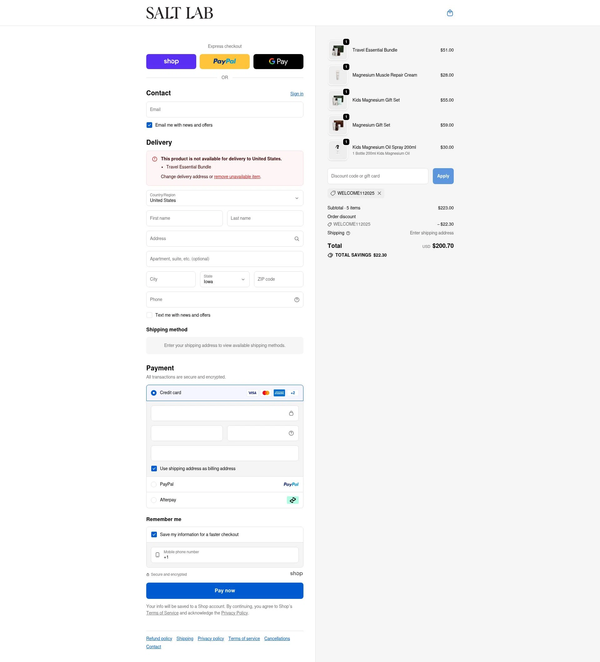 Salt Laboratory checkout page showing Salt Laboratory discount code box | Screenshot taken by SimplyCodes community member on Jan 18, 2026