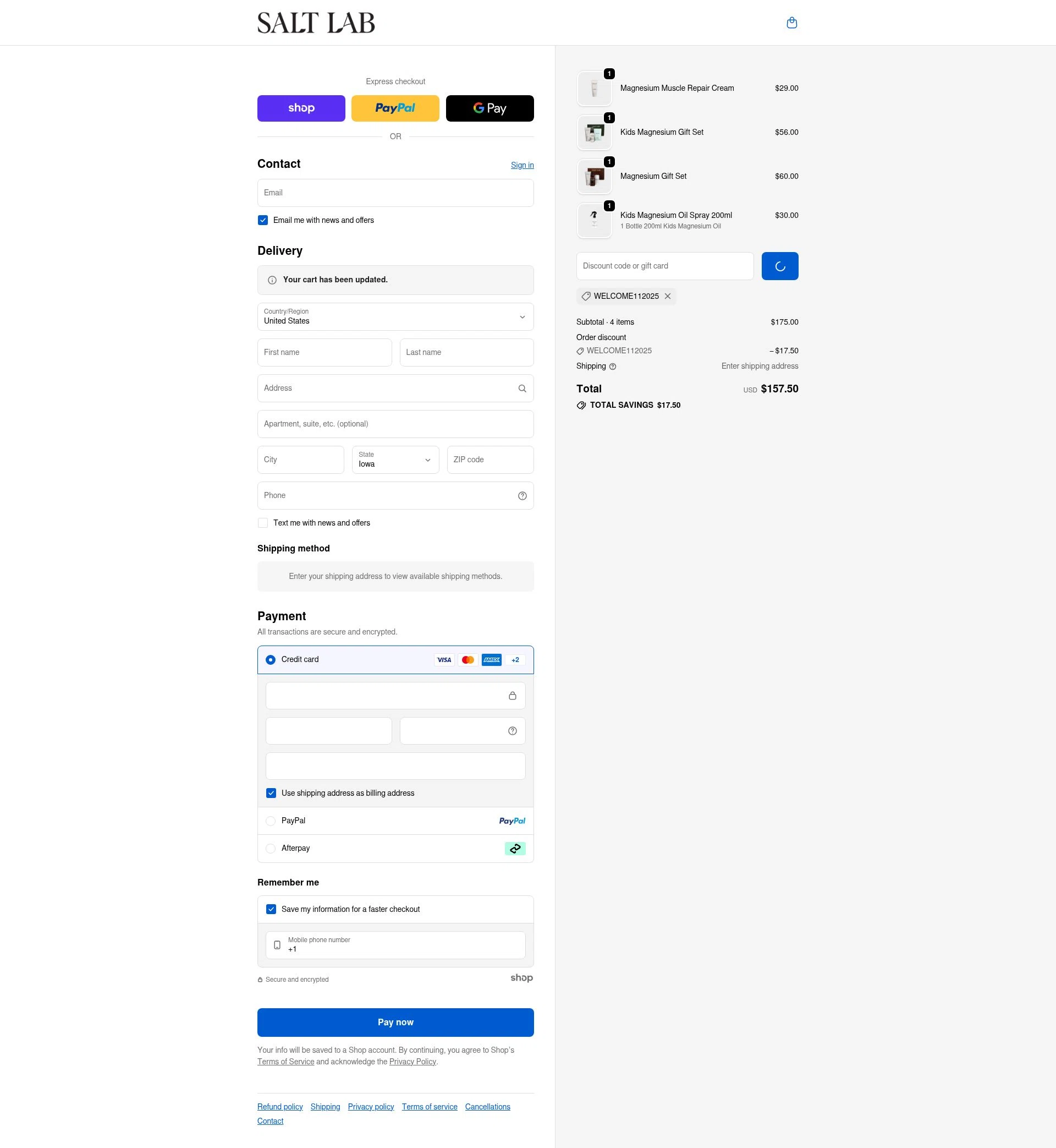 Salt Laboratory checkout page showing Salt Laboratory discount code box | Screenshot taken by SimplyCodes community member on Jan 22, 2026