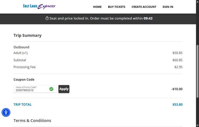 Salt Lake Express checkout page showing Salt Lake Express coupon code box | Screenshot taken by SimplyCodes community member on Jun 23, 2025
