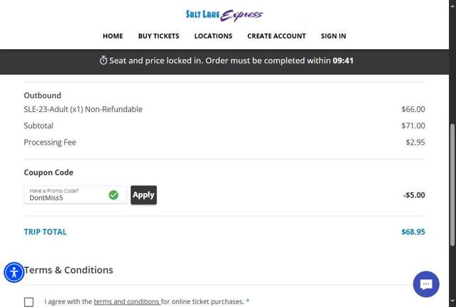 Salt Lake Express checkout page showing Salt Lake Express coupon code box | Screenshot taken by SimplyCodes community member on Aug 5, 2025