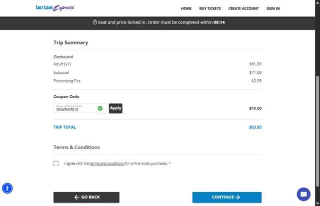 Salt Lake Express checkout page showing Salt Lake Express coupon code box | Screenshot taken by SimplyCodes community member on Apr 25, 2025