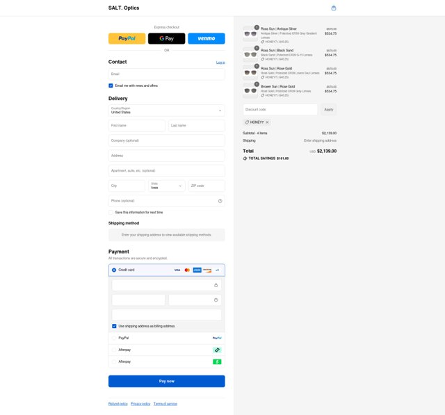 Salt Optics checkout page showing Salt Optics coupon code box | Screenshot taken by SimplyCodes community member on Sep 4, 2025