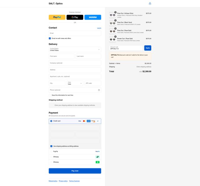 Salt Optics checkout page showing Salt Optics coupon code box | Screenshot taken by SimplyCodes community member on Sep 4, 2025