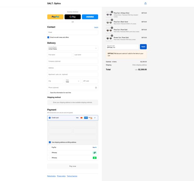Salt Optics checkout page showing Salt Optics coupon code box | Screenshot taken by SimplyCodes community member on Aug 27, 2025