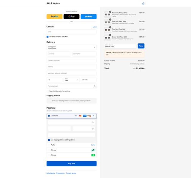 Salt Optics checkout page showing Salt Optics coupon code box | Screenshot taken by SimplyCodes community member on Sep 4, 2025
