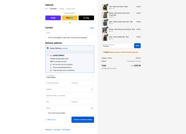 Saltrock checkout page showing Saltrock discount code box | Screenshot taken by SimplyCodes community member on Sep 11, 2025